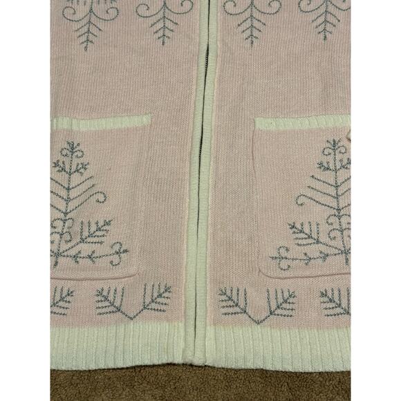 NWT Stiches In Time Pink, white, zipper Cardigan w snowflakes & gems size Large - Picture 10 of 13